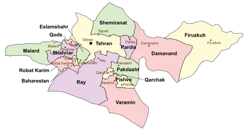 Location of Baharestan County in Tehran province (center left, yellow)