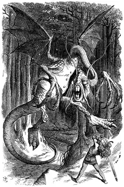 huge monster towering over small human figure who is brandishing a sword at the monster