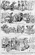 1872 cartoon of the Japanese ambassador visiting Utah meeting Young's wives and children.