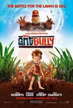 A miniscule boy stands in front of a group of anthropomorphic ants (and other assorted bugs) in a grassfield, while an exterminator towers over them, swarmed by wasps, in the background.