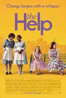 Two black maids standing, beside two white women on a bench. Against a bright yellow background, the text in light purple.