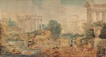Ruins of Palmyra. Wool and silk tapestry by Paul Saunders, designed by Francesco Zuccarelli. 1758. Victoria and Albert Museum, London.