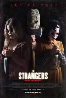 Three people wearing masks hold sharp objects (knives and axes) while standing in a somewhat praying posture