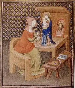 Gothic&nbsp;– Irene, daughter of Cratin, painting a sculpture of the Virgin Mary, France, 1401–1402. Detail from Giovanni Bocaccio's De Claris mulieribus (Concerning famous women), 1403 edition, Bibliothèque nationale de France, Paris