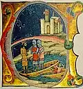 A crowned man and two other men on a boat, with two men on a nearby boat
