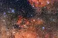 Star cluster Messier 18 (upper left) and its surroundings, taken by the OmegaCAM.