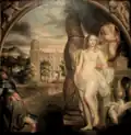 A nude woman holding a scale and a mirror, while standing in front of an ornate pillar.