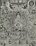 Mural of the Thousand-Armed and Thousand-Bowl Mañjuśrī in Cave 144 of the Mogao Grottoes in Dunhuang, China. Photographed by Paul Pelliot in 1908.