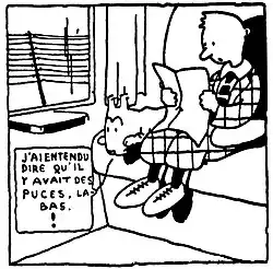A cartoon drawing of a young man reading a newspaper and his white dog in a train.