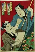 Toyohara Kunichika (1835-1900), Nakamura Shikan as Gen'emon, Onoe Kikugorō as Bantō Zenroku