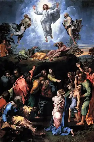 Scholars such as Jane Chance have compared Gandalf's death in Moria and subsequent reappearance as "the White" to Christ's Transfiguration,[16] as in this painting by Raphael, c. 1520.