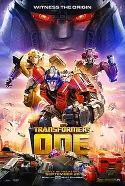 In the background is the face of D-16; in the center is Orion Pax, Elita-1, and B-127 facing forwards; in the foreground are various Transformers in their vehicle forms.