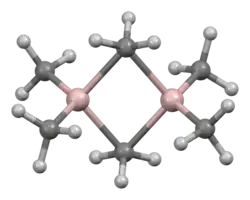 Trimethylaluminium is an organometallic compound with a bridging methyl group. It is used in the industrial production of some alcohols.