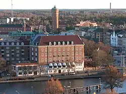 The Göta älv river and Trollhättan Water Tower in central Trollhättan