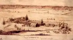 Landscape drawing of a western mission with buildings, trees, and livestock