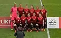 Turkey women's national football team in the home match against Estonia on 7 April 2018: Şahin (12), Alpavut (4), Topçu (16), Kara (11), Işık (18), Karagenç (3), Altunkulak (14), Korkmaz (8), Çınar (17), Cümert (6), Karabuşut (7).