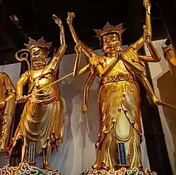 Jade Buddha Temple (Shanghai, China) - Statues of Guhyapāda (Mìjī Jīngāng) on the left and Mārīcī (Mólìzhītiān) on the right.