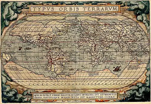 1570 map by Abraham Ortelius depicting Terra Australis Nondum Cognita as a large continent on the bottom of the map and also an Arctic continent