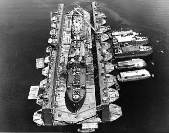 Sister ship: USS Artisan (ABSD-1) with USS&nbsp;Antelope&nbsp;(IX-109) and LST-120 in the dock at Espiritu Santo, New Hebrides Islands, 8 January 1945