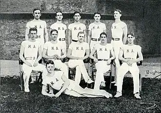 USNA Gymnastics Team, 1904. A.B. Reed, seated, second from right; H.E. Kimmel, seated, second from left