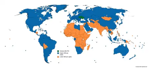 2022 GNI per capita: &nbsp;&nbsp;Ukraine (3 000 $) &nbsp;&nbsp;Higher GNI per capita compared to Ukraine &nbsp;&nbsp;Lower GNI per capita compared to Ukraine