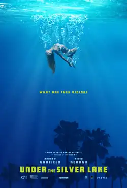 A woman in a bikini is submerged underwater, where palm trees stand below; the shape of a man's face is outlined within the leaves.