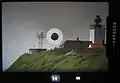 Camera viewfinder with 300&nbsp;mm telephoto lens and 2x teleconverter.