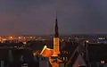 The tower of the church at night.