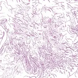 A drawing of scattered thin, curved, purple lines over a white background.