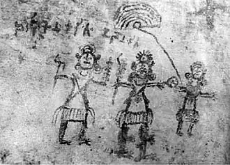 Vrishni triad shown in a rock painting at Tikla, Madhya Pradesh, 3rd-2nd century BCE. These would be Saṃkarṣaṇa (with plough and mace), Vāsudeva (with mace and wheel) and a female deity, probably Ekanamsha.[19]