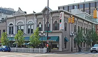 A photograph of the front and side facade of the Weinmann Block