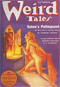 A naked woman gazing through a window at devilish figures