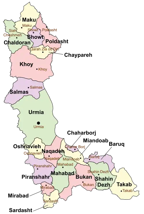 Location of Miandoab County in West Azerbaijan province (lower center, yellow)