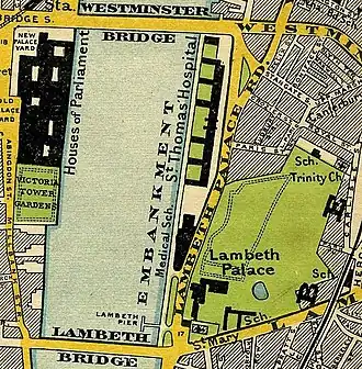 Map of the Thames between Westminster and Lambeth Bridges, with Westminster Palace on the west bank and Lambeth Palace on the east, 1897