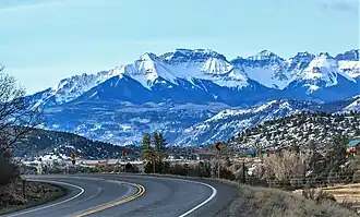 Whitehouse Mountain centered with Mt. Ridgway to immediate right, seen from Highway 550 near the town of Ridgway