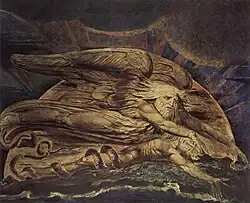 Elohim Creating Adam; by William Blake; 1795; color print finished in ink and watercolour on paper; 43.1 × 53.6&nbsp;cm; Tate Britain (London)[203]