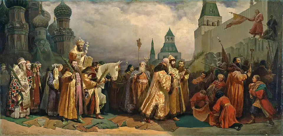 17th century Palm Sunday procession leaving Saint Basil for Kremlin.