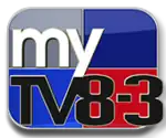 A rounded rectangle divided into blue, red, and gray parts with the word "my" in white, the letters "T V" in the lower left", and a black "8 - 3" in the lower right.
