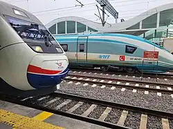 The high-speed trains close up.