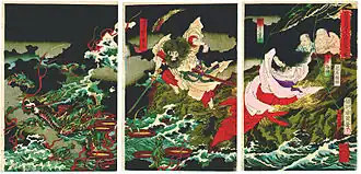 A painting of th myths involving Susanoo rescuing Kushinada-hime from Yamata no Orochi, while Ashinazuchi and Tenazuchi look on from afar. Nineteenth century woodblock print by Toyohara Chikanobu.