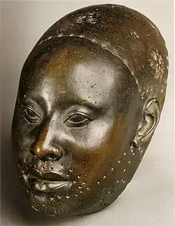 Mask for Obalufon II; circa 1300 AD; copper; height: 29.2&nbsp;cm; discovered at Ife; Ife Museum of Antiquities (Ife, Nigeria)[52]
