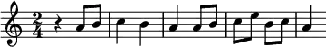\relative c''{ \set Staff.midiInstrument = #"oboe" \clef treble \numericTimeSignature \time 2/4 \set Score.tempoHideNote = ##t \tempo 4 = 120 r4 a8 b8 c4 b4 a4 a8 b8 c8 e8 b8 c8 a4 }