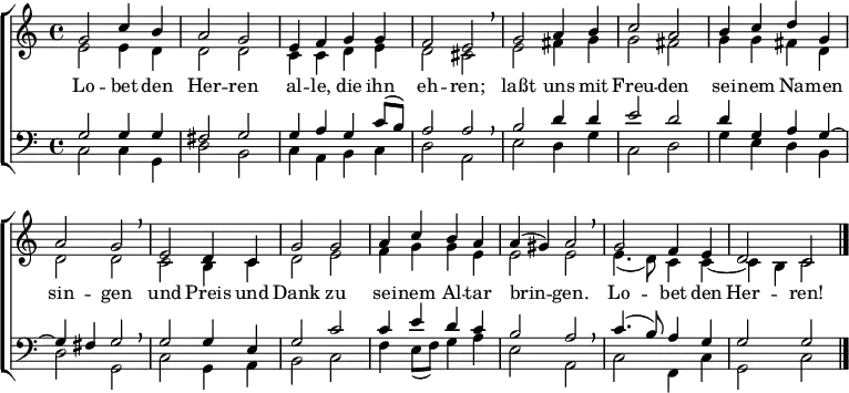 % From https://www.johann-crueger.de/praktische-ausgaben/lobet-den-herren-alle-die-ihn-ehren_crueger-1657-58_131_eg-447.pdf
\header { tagline = ##f }
\layout { indent = 0
\context { \Score \remove "Bar_number_engraver" }
\context { \Voice \remove "Dynamic_engraver" }
}
global = { \key c \major \time 4/4 }
soprano = { \global \set Staff.midiPanPosition = -0.5 \set midiInstrument = "flute"
g'2 c''4 b'4 | a'2 g'2 | e'4 f'4 g'4 g'4 | f'2 e'2 | \breathe
g'2 a'4 b'4 | c''2 a'2 | b'4 c''4 d''4 g'4 | a'2 g'2 | \breathe
e'2 d'4 c'4 | g'2 g'2 | a'4 c''4 b'4 a'4 | a'4 ( gis'4 ) a'2 | \breathe g'2 f'4 e'4 | d'2 c'2 \bar "|."
}
alto = { \global \set Staff.midiPanPosition = 0.5 \set midiInstrument = "oboe"
e'2 e'4 d'4 | d'2 d'2 | c'4 c'4 d'4 e'4 | d'2 cis'2 \breathe
e'2 fis'4 g'4 | g'2 fis'2 | g'4 g'4 fis'4 d'4 | d'2 d'2 \breathe
c'2 b4 c'4 | d'2 e'2 | f'4 g'4 g'4 e'4 | e'2 e'2 \breathe | e'4. (d'8) c'4 c'4~ | c'4 b4 c'2
}
tenor = { \global \set Staff.midiPanPosition = -1 \set midiInstrument = "clarinet"
g2 g4 g4 | fis2 g2 | g4 a4 g4 c'8 (b8) | a2 a2 | \breathe
b2 d'4 d'4 | e'2 d'2 | d'4 g4 a4 g4~ | g4 fis4 g2 | \breathe
g2 g4 e4 | g2 c'2 | c'4 e'4 d'4 c'4 | b2 a2 | \breathe c'4. (b8) a4 g4 | g2 g2
}
bass = { \global \set Staff.midiPanPosition = 1 \set midiInstrument = "bassoon"
c2\ffff c4 g,4 | d2 b,2 | c4 a,4 b,4 c4 | d2 a,2 | \breathe
e2 d4 g4 | c2 d2 | g4 e4 d4 b,4 | d2 g,2 | \breathe
c2 g,4 a,4 | b,2 c2 | f4 e8 (f8) g4 a4 | e2 a,2 | \breathe c2 f,4 c4 | g,2 c2
}
verse = \lyricmode {
Lo -- bet den Her -- ren al -- le, die ihn eh -- ren;
laßt uns mit Freu -- den sei -- nem Na -- men sin -- gen
und Preis und Dank zu sei -- nem Al -- tar brin -- gen.
Lo -- bet den Her -- ren!
}
\score {
\new ChoirStaff <<
\new Staff \with {
% midiInstrument = "choir aahs"
} <<
\new Voice = "soprano" { \voiceOne \soprano }
\new Voice = "alto" { \voiceTwo \alto }
>>
\new Lyrics \with {
\override VerticalAxisGroup #'staff-affinity = #CENTER
} \lyricsto "soprano" \verse
\new Staff \with {
% midiInstrument = "choir aahs"
} <<
\clef bass
\new Voice = "tenor" { \voiceOne \tenor }
\new Voice = "bass" { \voiceTwo \bass }
>>
>>
\layout { }
\midi { \tempo 4=136
\context { \Score midiChannelMapping = #'instrument }
\context { \Staff \remove "Staff_performer" }
\context { \Voice \consists "Staff_performer" }
}
}