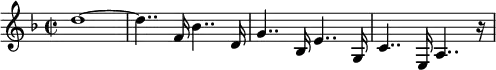{ \set Staff.midiInstrument = #"piano" \key d \minor \clef treble \time 2/2 \set Score.tempoHideNote = ##t \tempo 4 = 110
d''1~
d''4.. f'16 bes'4.. d'16
g'4.. bes16 e'4.. g16
c'4.. e16 a4.. r16 }