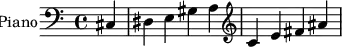 \relative c { \clef bass \set Staff.instrumentName = #"Piano" \partial 4*1 cis dis e gis a \clef treble c e fis ais } 