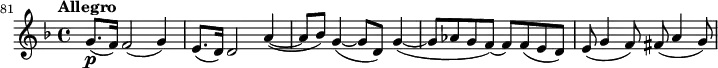 \relative c' {
\key d \minor \time 4/4 \tempo "Allegro"
\set Staff.midiInstrument = "violin"
\set Score.tempoHideNote = ##t \tempo 4 = 128
\set Score.currentBarNumber = #81 \bar ""
g'8.\p( f16) f2( g4) e8.( d16) d2 a'4(~ a8 bes) g4(~ g8 d) g4(~ g8 aes g f)~ f f(e d) e( g4 f8) fis( a4 g8) }