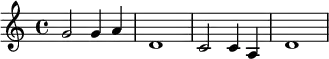 {\set Staff.midiInstrument = #"celesta" \key c \major \time 4/4 g'2 g'4 a'4 d'1 c'2 c'4 a4 d'1}