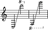 { \override Score.TimeSignature #'stencil = ##f c2 \glissando \ottava #1 d''''2 \ottava #-1 f,2 \glissando g''2 }