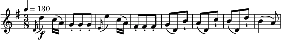 \relative c' { \set Staff.midiInstrument = #"violin"
\key g \major
\time 3/8
\tempo 4 = 130
\appoggiatura d16 d'4\f c16 (a) g8-. g-. g-. \appoggiatura e16 e'4 c16 (a) fis8-. fis-. fis-. g (d) b'-! a (d,) c'-! b (d,) d'-! b4 (a8) }