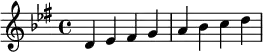 {
\relative c' {
\set Staff.keyAlterations = #`((6 . ,FLAT)(2 . ,FLAT)(3 . ,SHARP)) d es fis g a bes c d }}